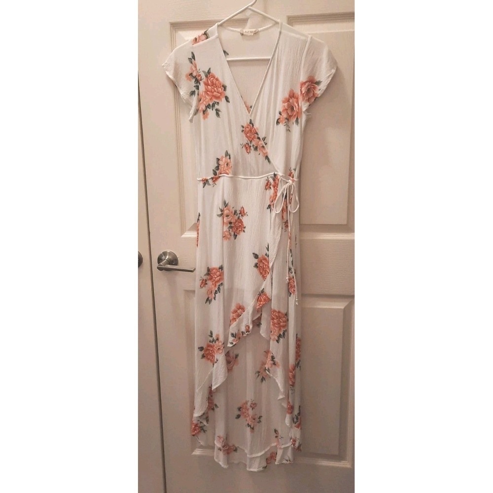 Altar'd State Cream Floral Wrap Midi Dress with Coral Blooms - Picture 3 of 11